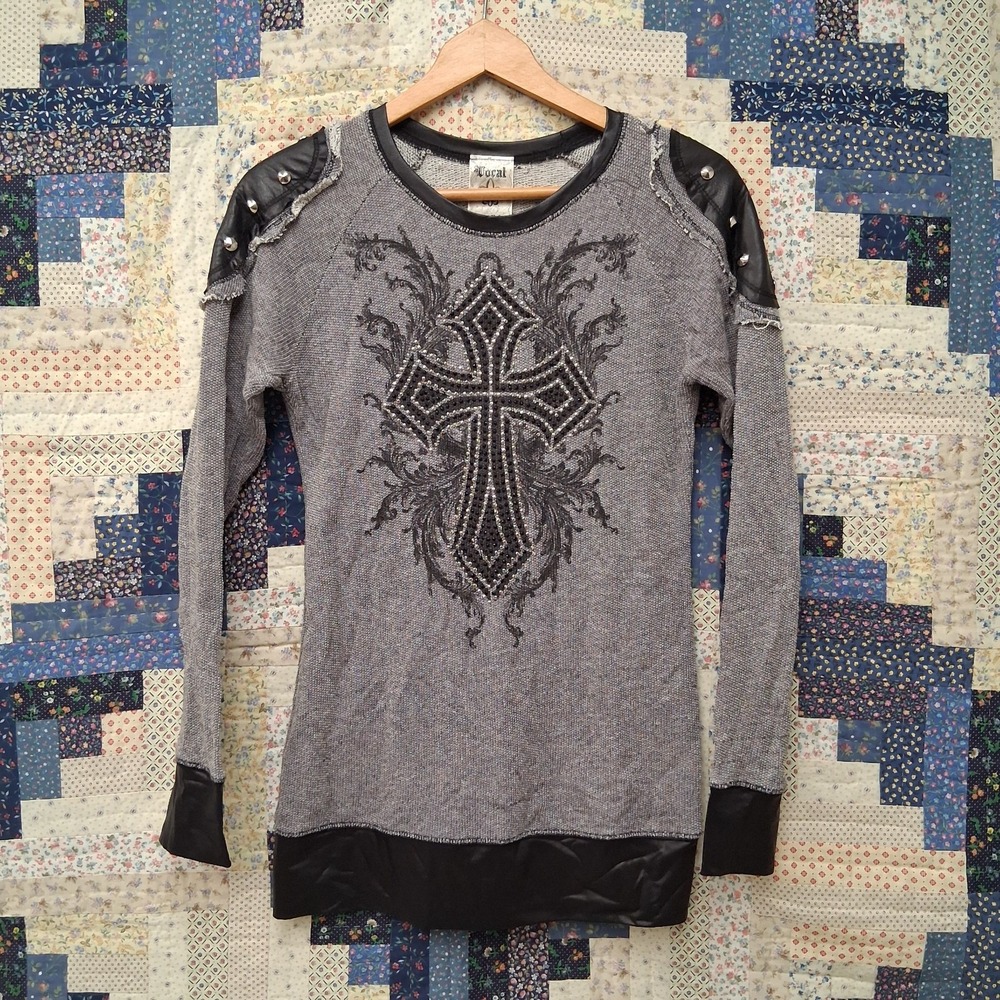 Vocal Rhinestone Studded Cross Womens Top Shirt Size Medium Faux Leather Trim